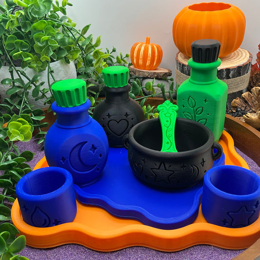 Halloween Special Potion Play Set - 14 Piece Sensory Play Kit with Potion Bottles, Cups, Mixing Bowl, Mini Fire Pit & Trays
