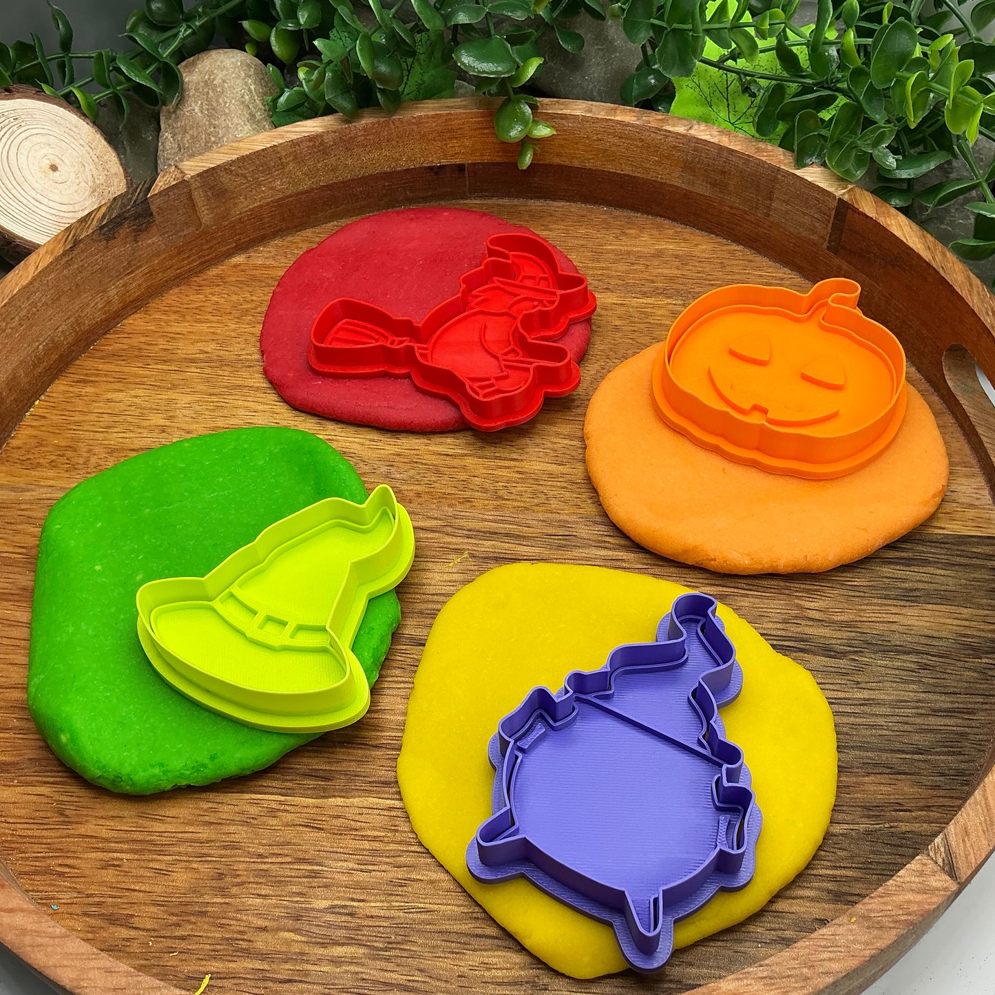 3D-printed witch Halloween play dough cookie cutter set - 4 piece (witch on broom, cauldron, hat and pumpkin) colour set A - view 1 of 13