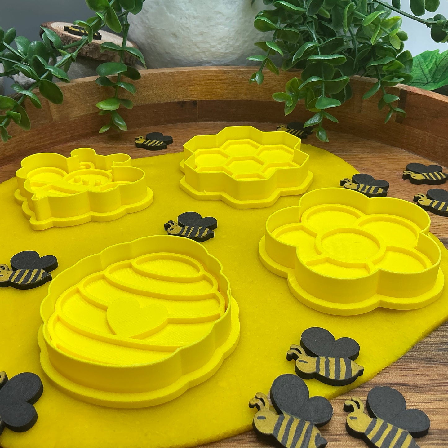 3D-printed bee theme play dough cookie cutter set - 4 piece with bee, beehive, honeycomb and flower - view 6 of 13