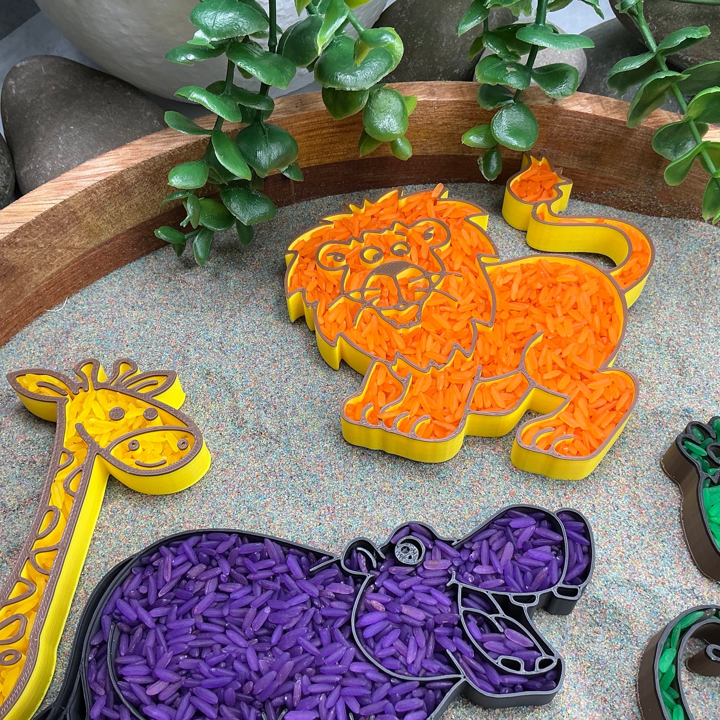 Safari animals Fill Shapes Sensory Filling Trays 5 piece set elephant hippo lion monkey and giraffe