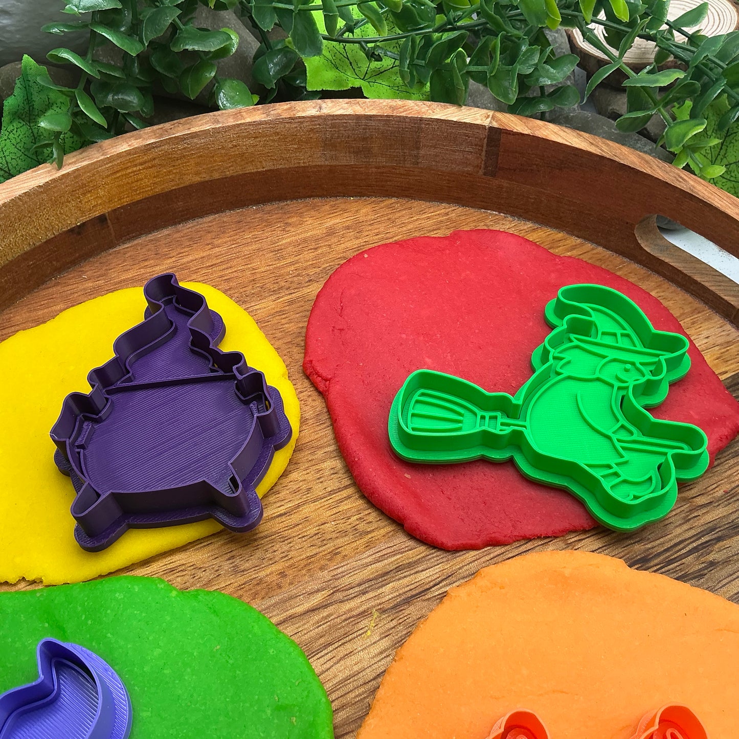 3D-printed witch Halloween play dough cookie cutter set - 4 piece (witch on broom, cauldron, hat and pumpkin) colour set B - view 2 of 13