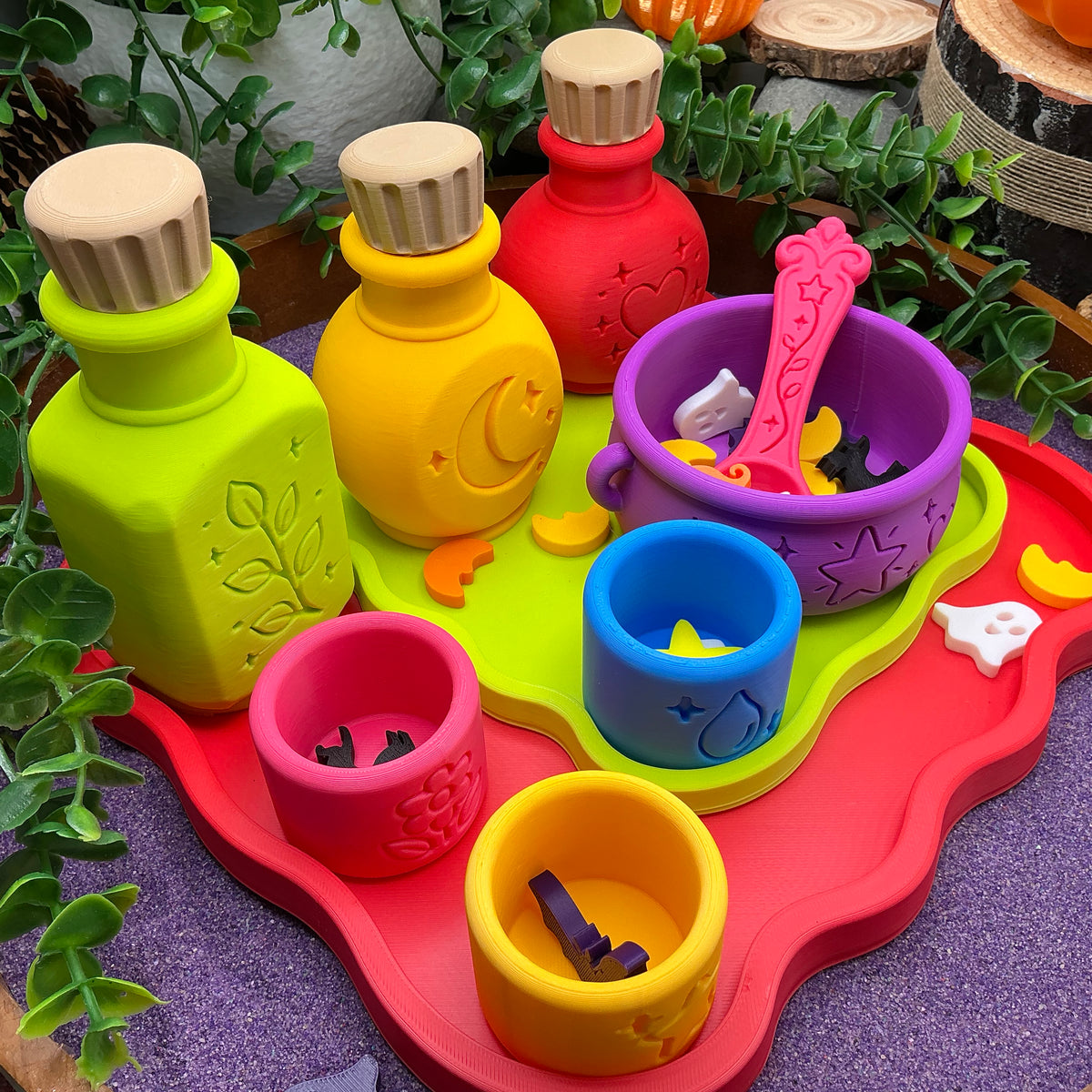 Potion Play Set - 14 Piece Sensory Play Kit with Potion Bottles, Cups, Mixing Bowl, Mini Fire Pit & Trays
