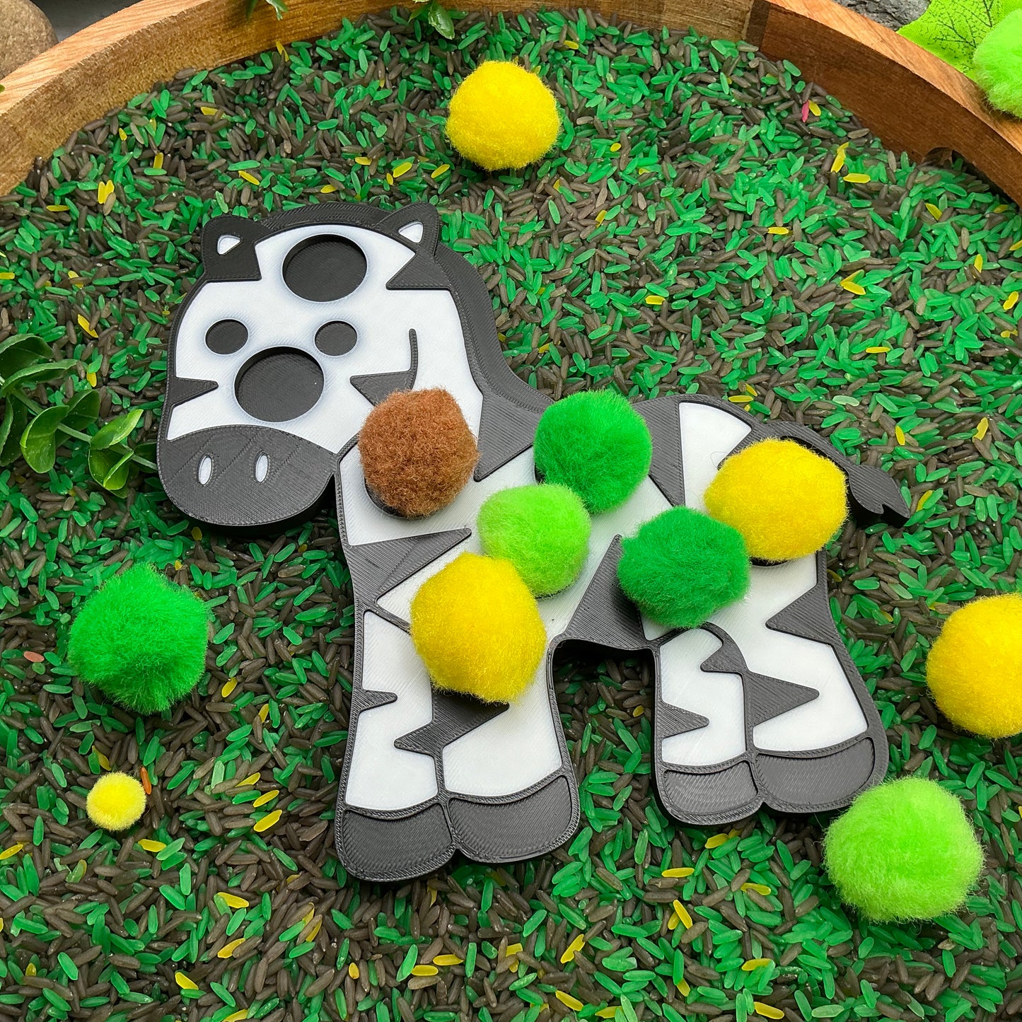3D-printed animal shape board sensory set, 5 pieces - parrot, zebra, elephant, lion and giraffe for pom-pom play - view 13 of 21