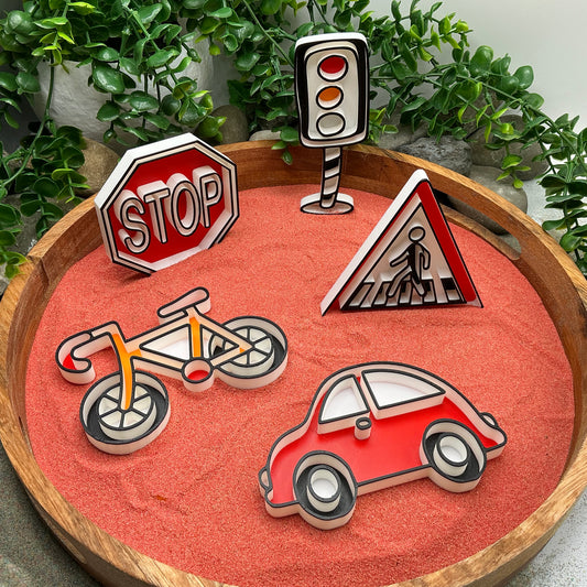 3D-printed play traffic sensory filling tray, 5-piece set with stop sign, car, bike, pedestrian crossing and traffic light - view 2 of 12