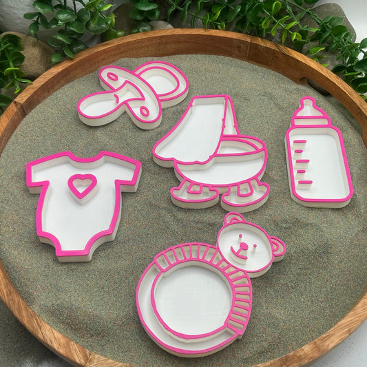 Baby Girl Play Fill Shapes Sensory Filling Trays - 5 Piece Set (Dummy, Bottle, Teddy Bear, Teething Ring & Bath)