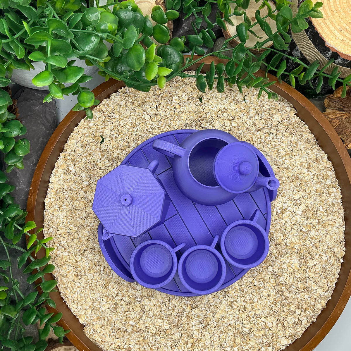 Tea & Coffee Maker Set 6 Piece Set - 3D Printed Teapot , Coffee Pot , Cups & Tray Kitchen Role Play Toy, Eco-Friendly