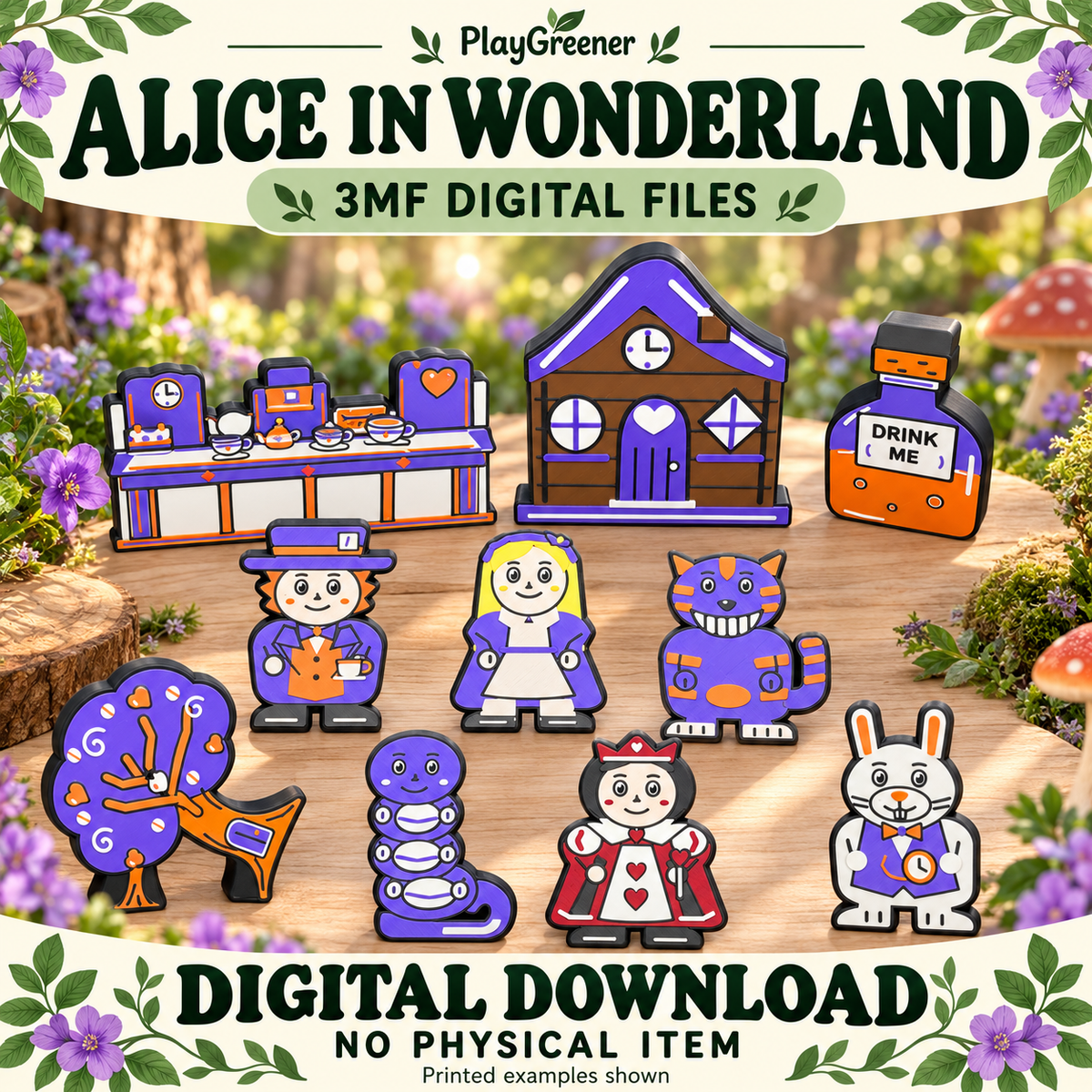 AI-generated Etsy mock-up for Alice in Wonderland colour 3MF story files, showing example printed pieces with prominent Digital Download and No Physical Item text.