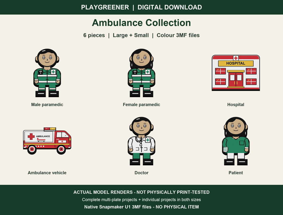 Ambulance Collection digital 3MF download: actual renders of all 6 pieces, Large and Small included; not physically print-tested; no physical item.