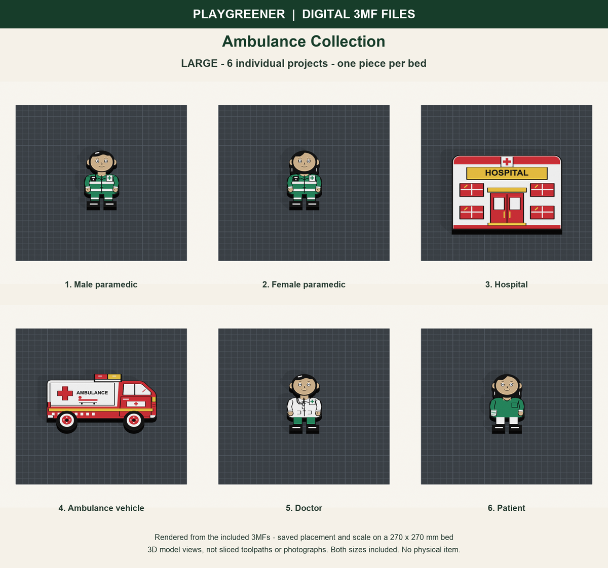 Ambulance Collection Large: actual individual 3MF models on saved 270mm print beds, not sliced toolpaths; no physical item.