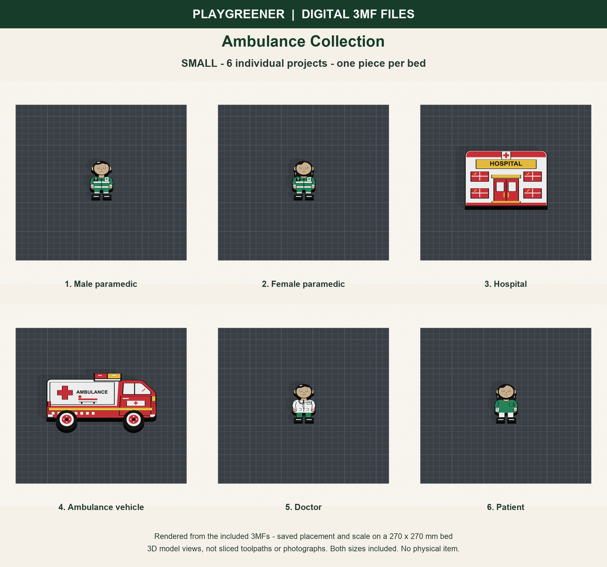 Ambulance Collection Small: actual individual 3MF models on saved 270mm print beds, not sliced toolpaths; no physical item.