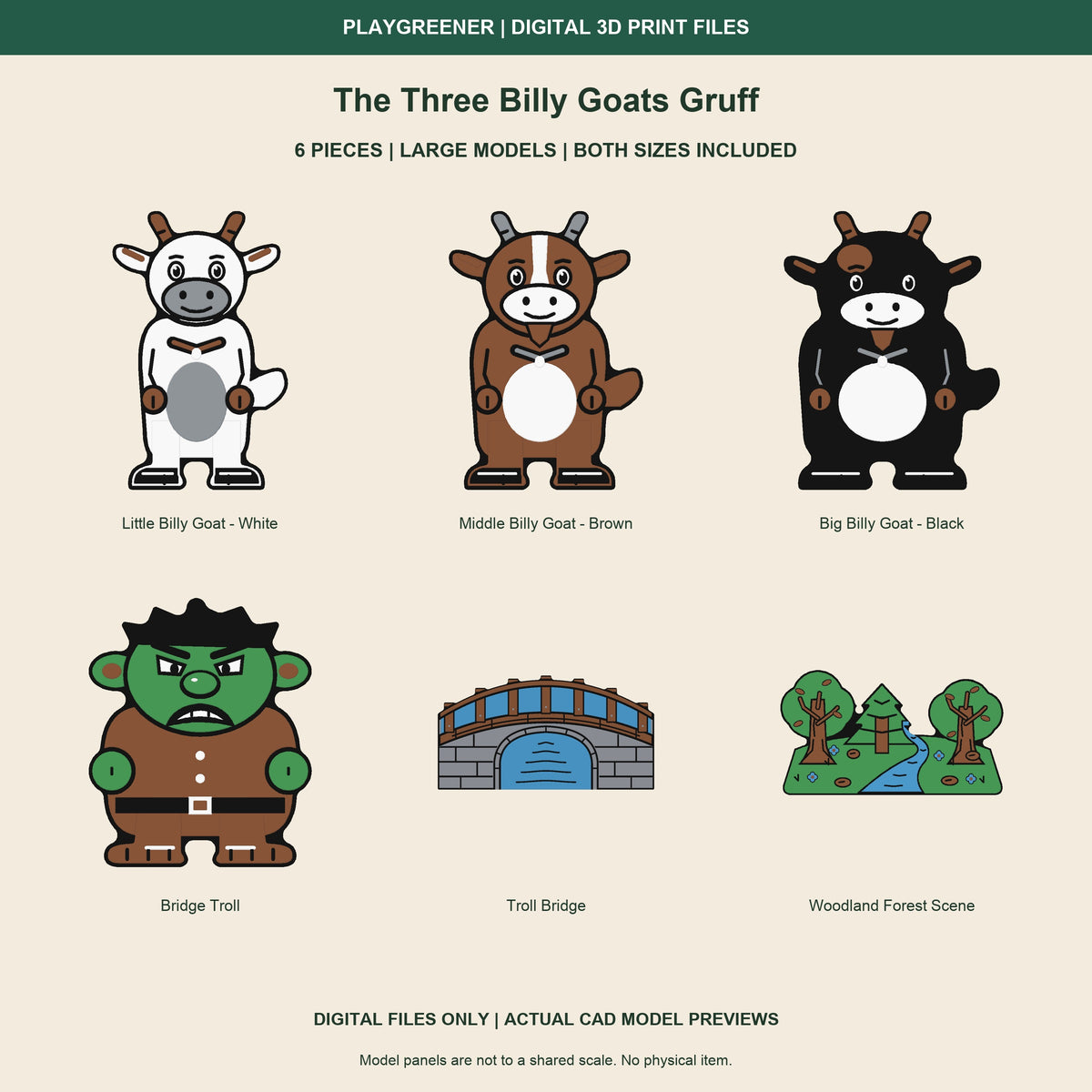 Three Billy Goats Gruff Large actual CAD preview: six designs with White, Brown and Black goats, Green troll, arched timber and stone bridge and woodland river scene. Both sizes included; digital files only.