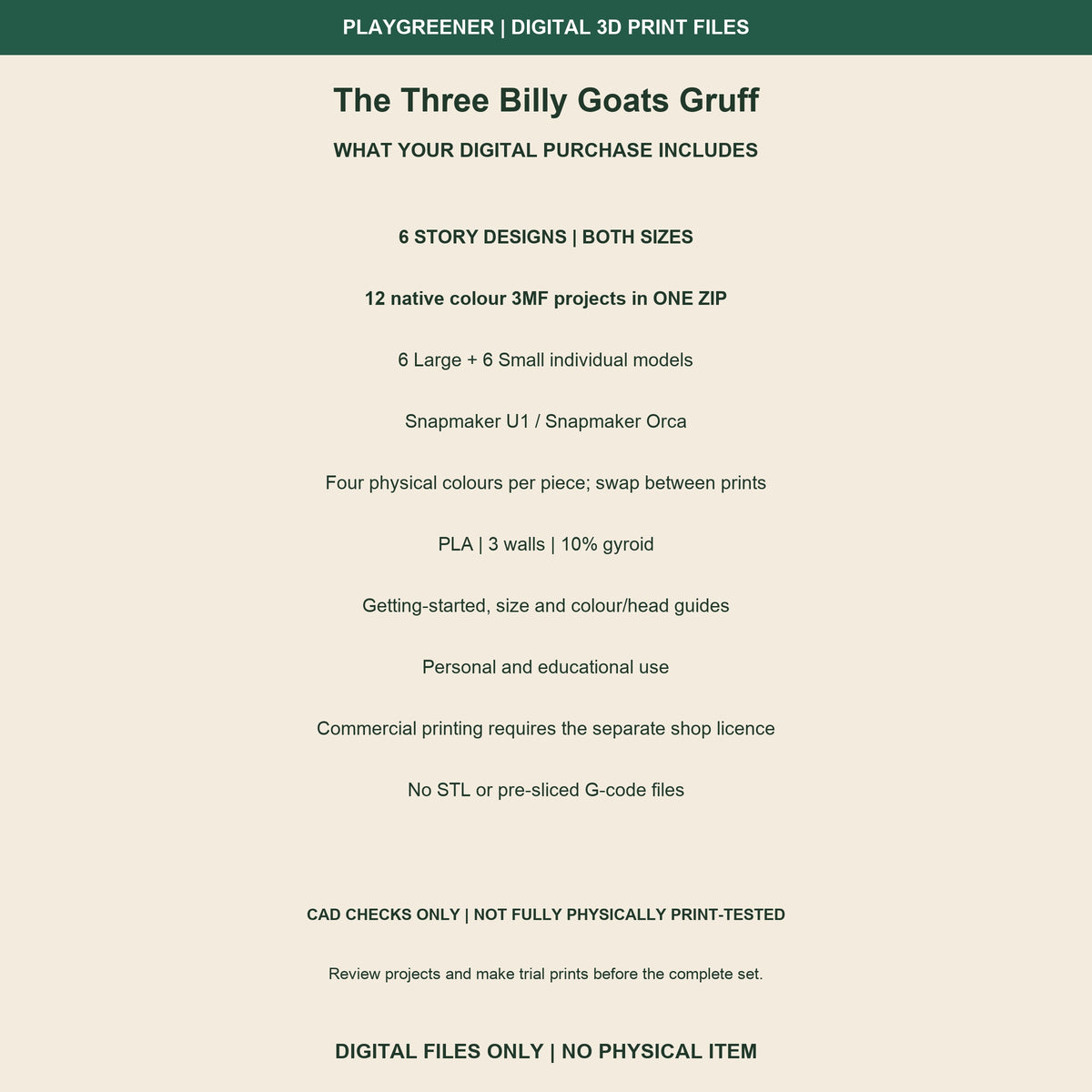 Three Billy Goats Gruff digital purchase information: one ZIP,12native colour3MF projects, both sizes, Snapmaker U1 compatibility, personal/educational use. No physical item. Trial print first.