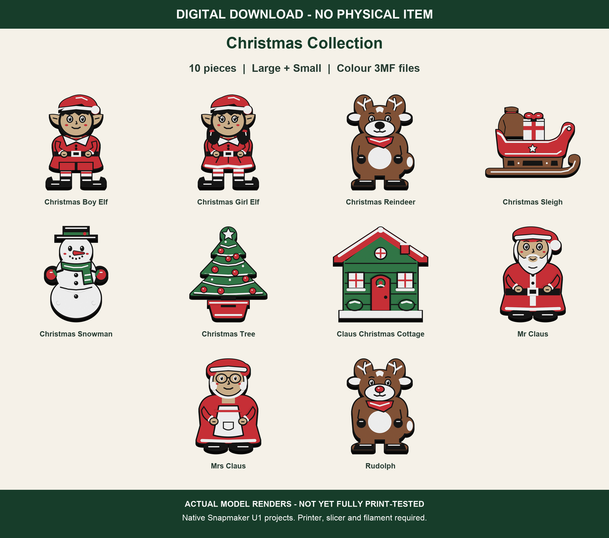 Christmas Collection digital colour 3MF files, ten included pieces rendered from actual geometry; both sizes included, no physical item; not yet fully print-tested.