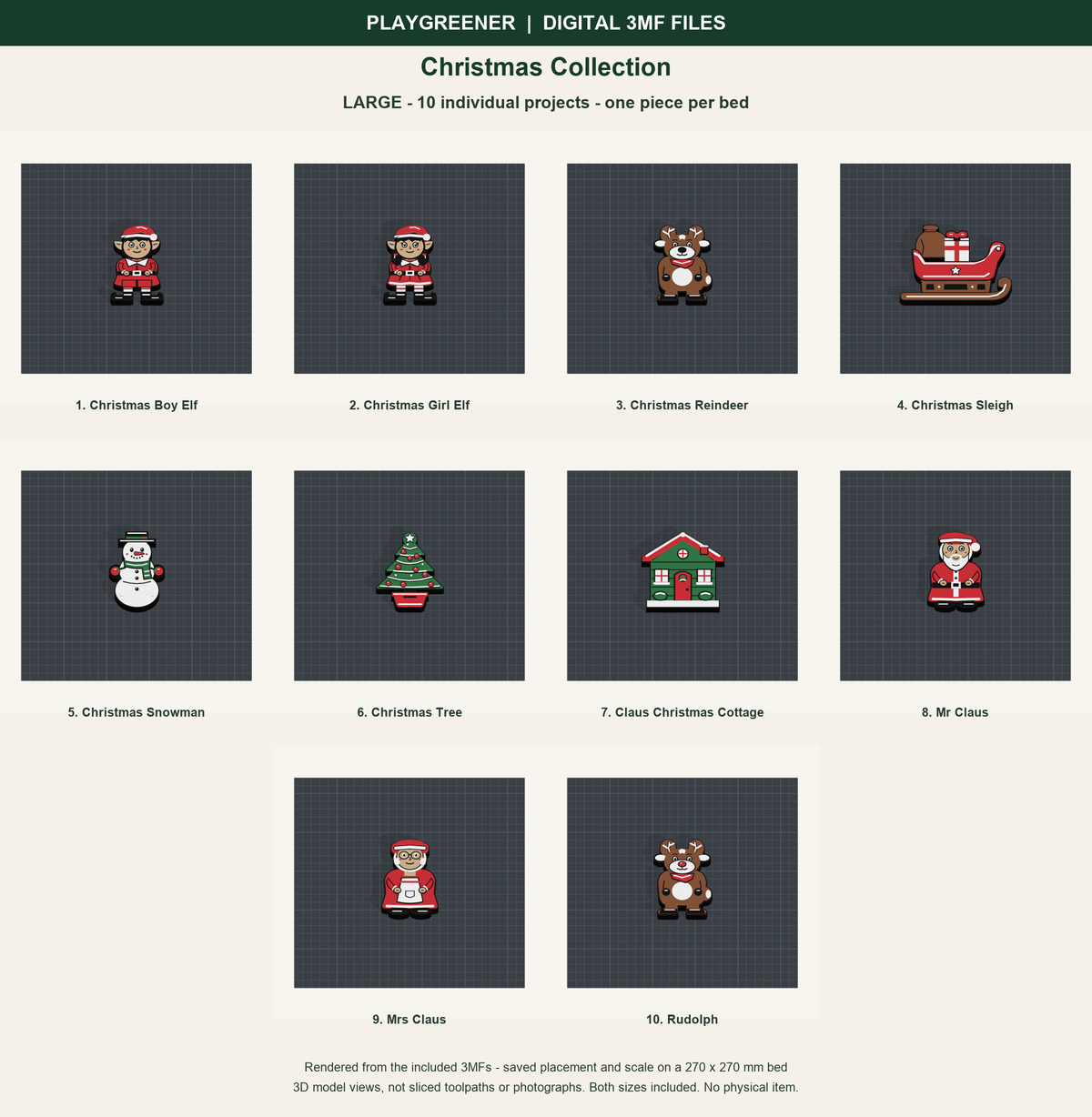 Christmas Collection Large: all ten included models on individual print beds at saved scale, actual geometry renders, not sliced toolpaths.