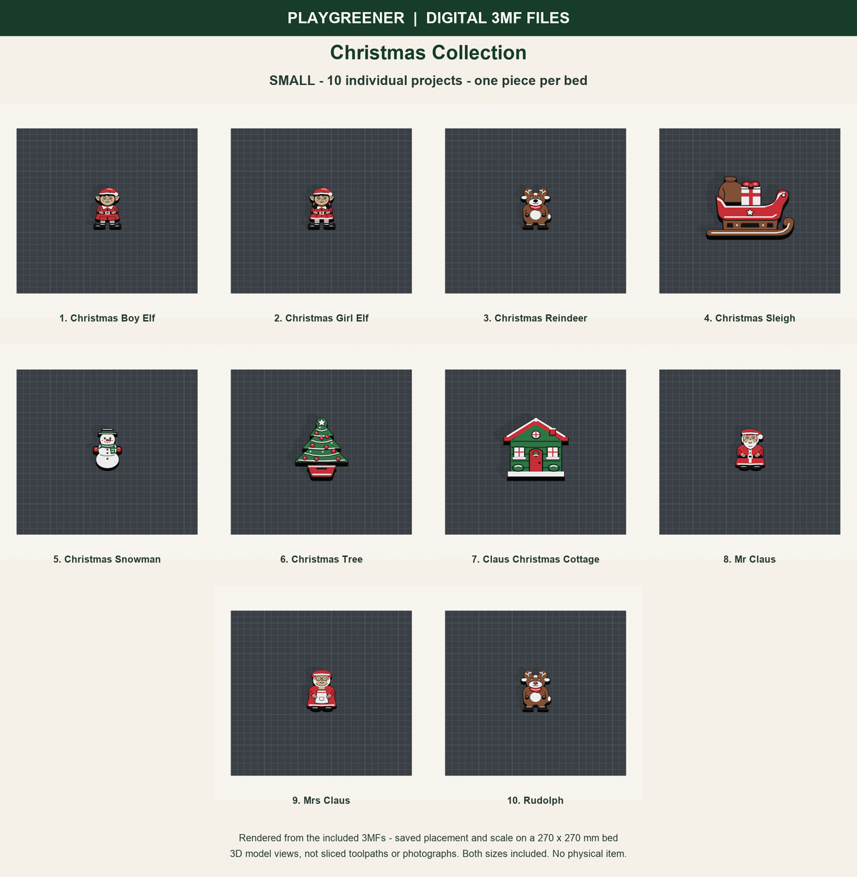 Christmas Collection Small: all ten included models on individual print beds at saved scale, actual geometry renders, not sliced toolpaths.