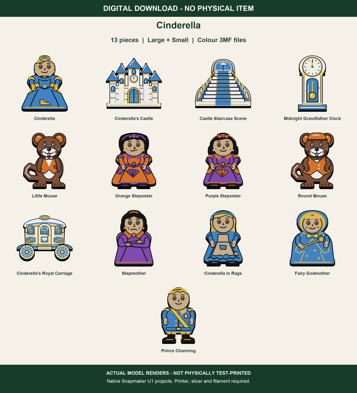 Cinderella digital colour 3MF files, all 13 included pieces rendered from actual geometry, both sizes included, no physical item; not physically test-printed.