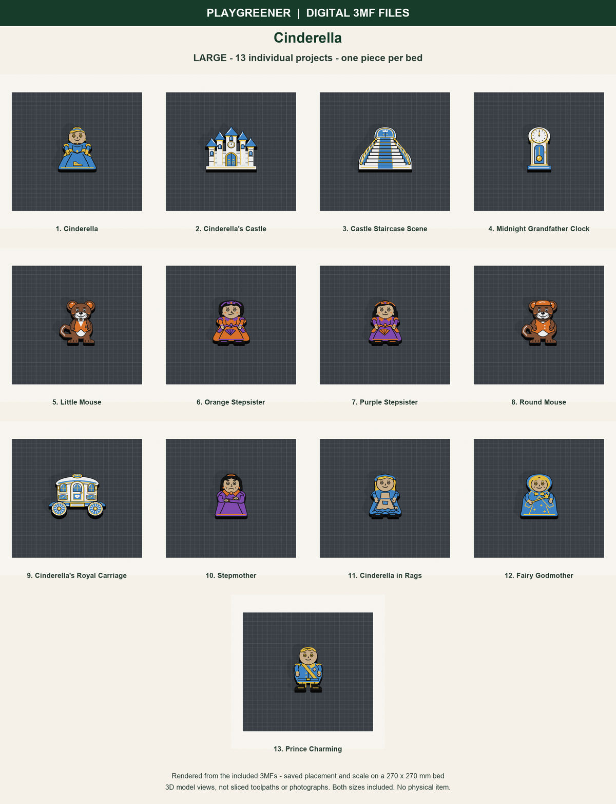 Cinderella Large files shown on individual print beds at saved scale; actual geometry renders, not sliced toolpaths.