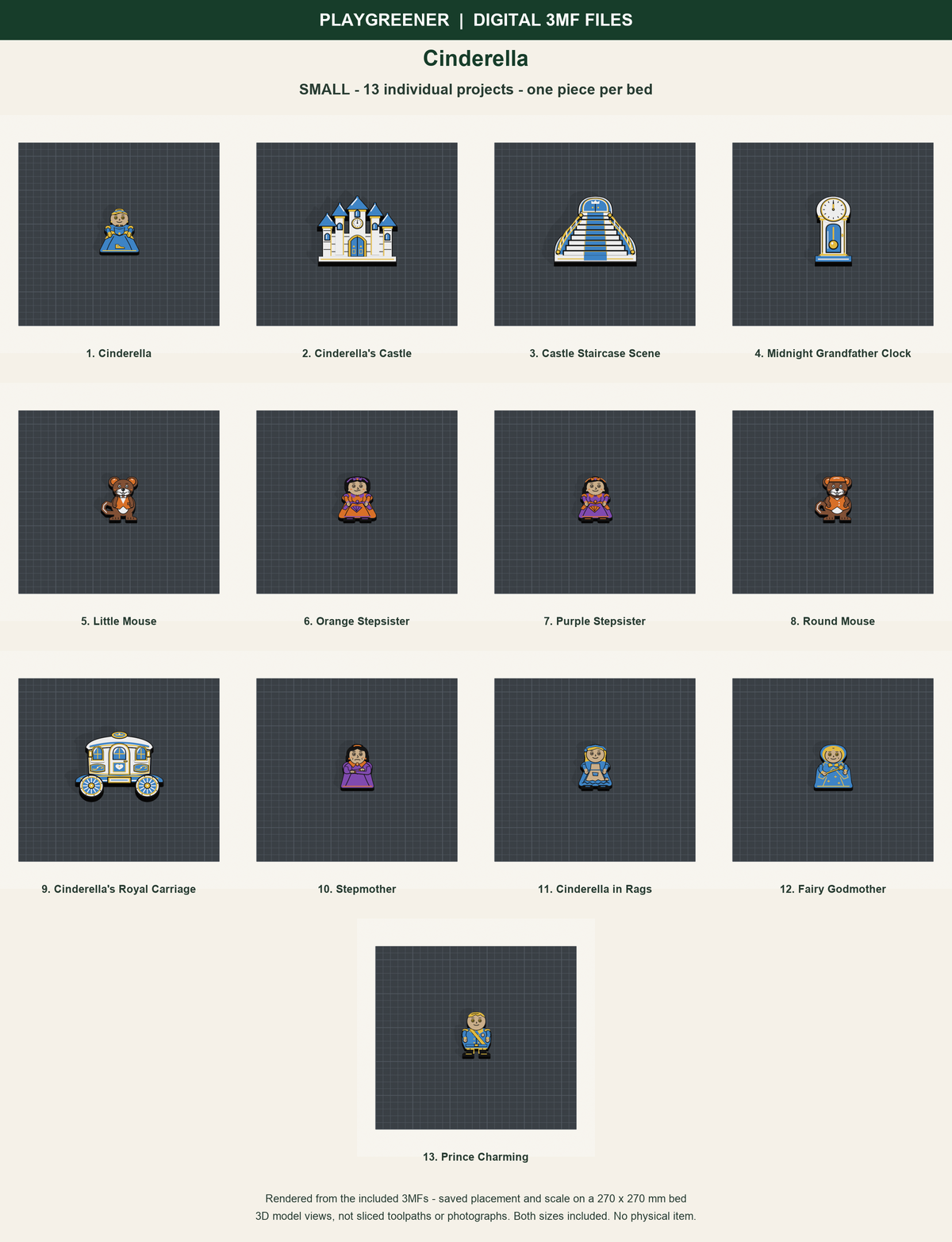 Cinderella Small files shown on individual print beds at saved scale; actual geometry renders, not sliced toolpaths.