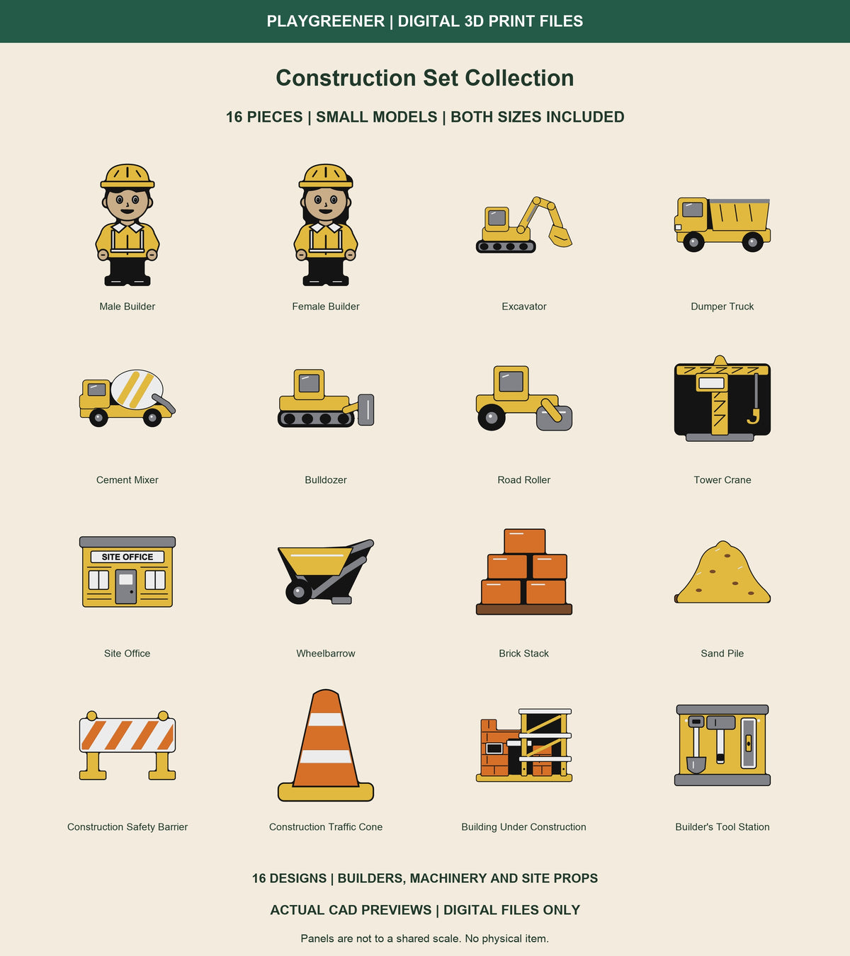All 16 Small Construction Set Collection CAD models. Builders 65mm high, both buildings 97.5mm; other vehicles, scenes and props 97.5mm. Fixed scaffolding and spade, hammer and spirit level on one tool station. Both sizes included; no physical item.