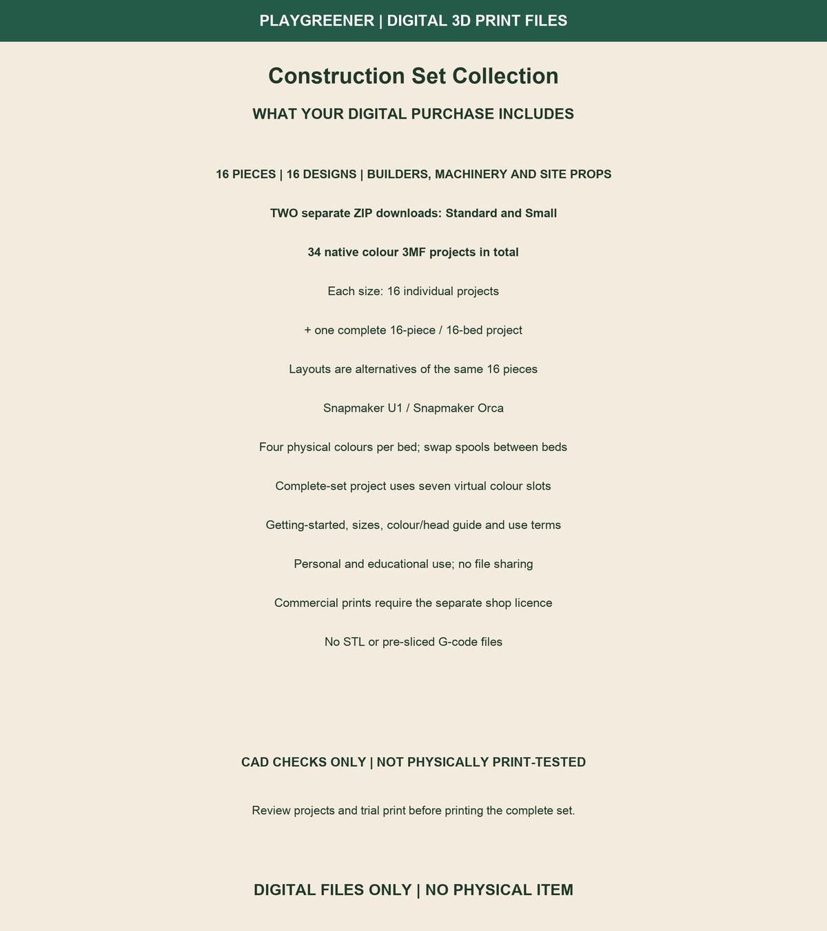 Two separate size ZIP downloads with 34 native U1 colour 3MF projects: each size has 16 individual projects and one complete 16-bed set. Alternate layouts of the same 16 pieces. Four physical colours per bed, seven virtual swatches. Not physically print-tested.