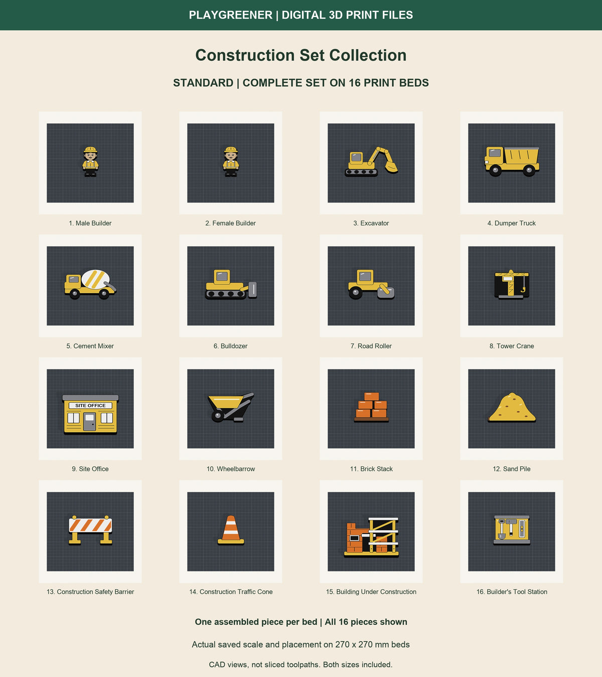 Actual Standard Construction Set Collection layout on 16 separate 270x270mm print beds, one assembled piece per bed. Includes building under construction and tool station. Saved scale and placement, CAD views not sliced toolpaths. Digital files only.