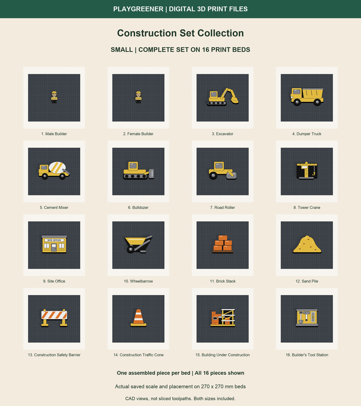 Actual Small Construction Set Collection layout on 16 separate 270x270mm print beds, one assembled piece per bed. Both sizes kept in separate ZIPs. Saved scale and placement, CAD views not sliced toolpaths. No physical item.