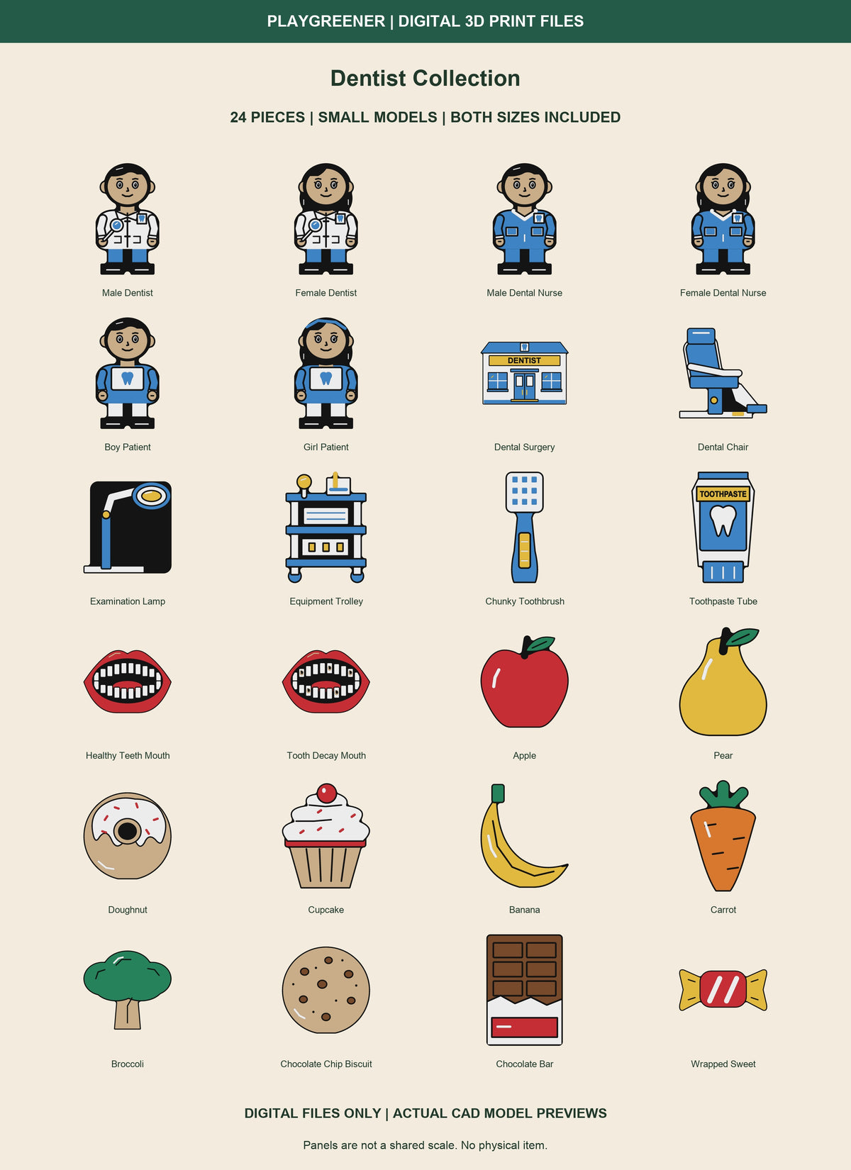Dentist Collection Small actual CAD preview of all24designs. Six people65mm, surgery and17otherprops97.5mm. Both sizes included; digital colour3MF files only.