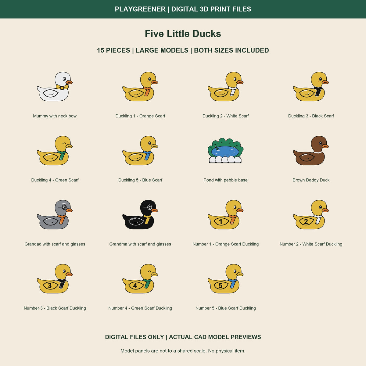 Five Little Ducks Large actual CAD preview of all 15 pieces: Mummy, Daddy, Grandad, Grandma, five plain scarf-wearing babies, five extra wing-numbered ducklings 1-5 and pond with pebble standing base. Both sizes included. Digital files only.