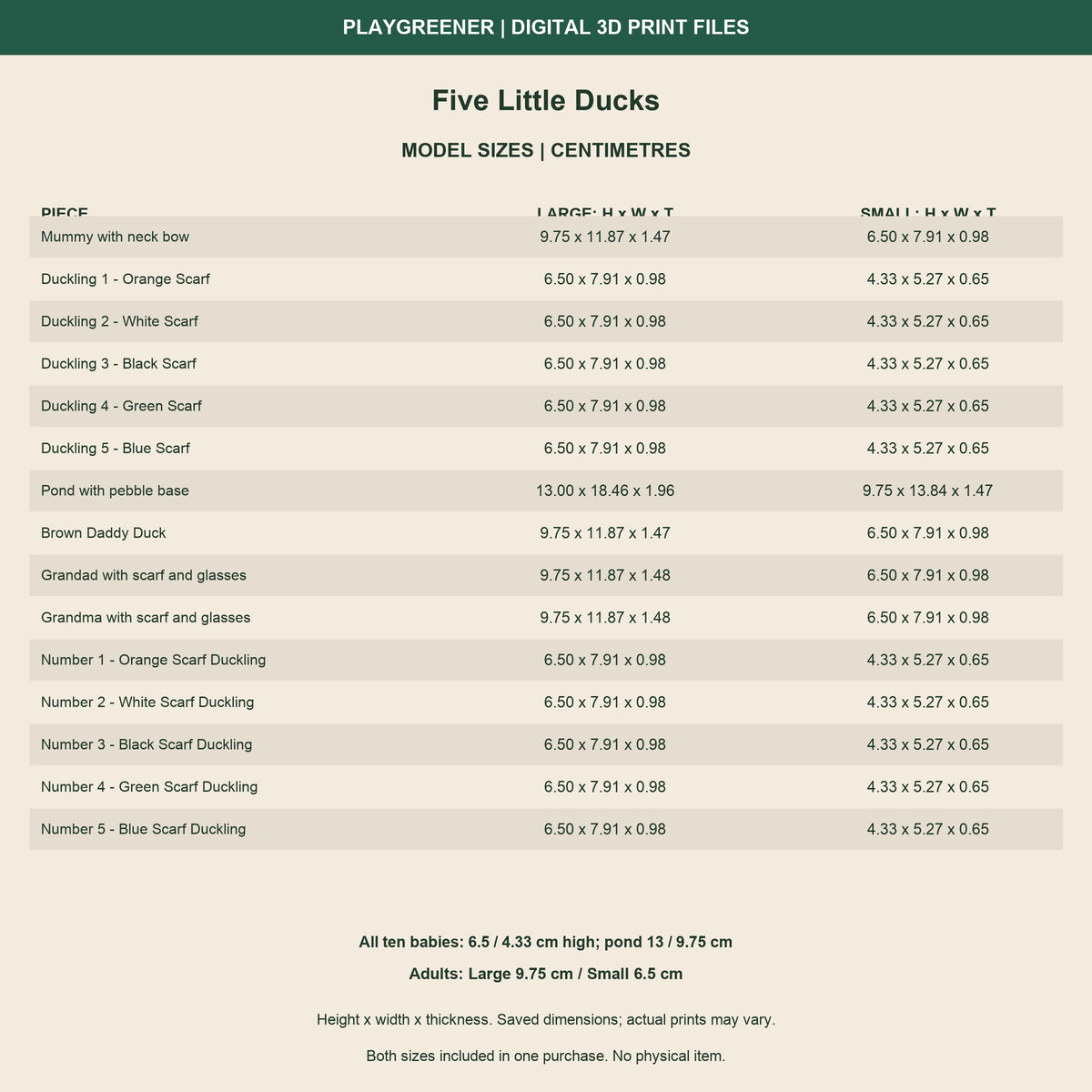 Measured size guide for all 15 Five Little Ducks models, Large and Small, height x width x thickness in centimetres. Adults 97.5/65mm, ten babies 65/43.33mm, pond 130/97.5mm high.