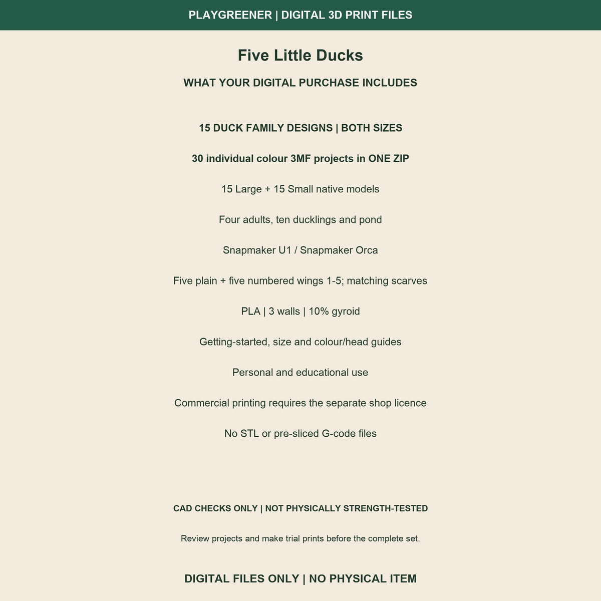 Five Little Ducks digital contents: 30 individual native U1 colour 3MF projects in one ZIP, 15 Large and 15 Small, including original and numbered wing babies, four adults and pond. Instructions and use terms. CAD previews, not physically tested.