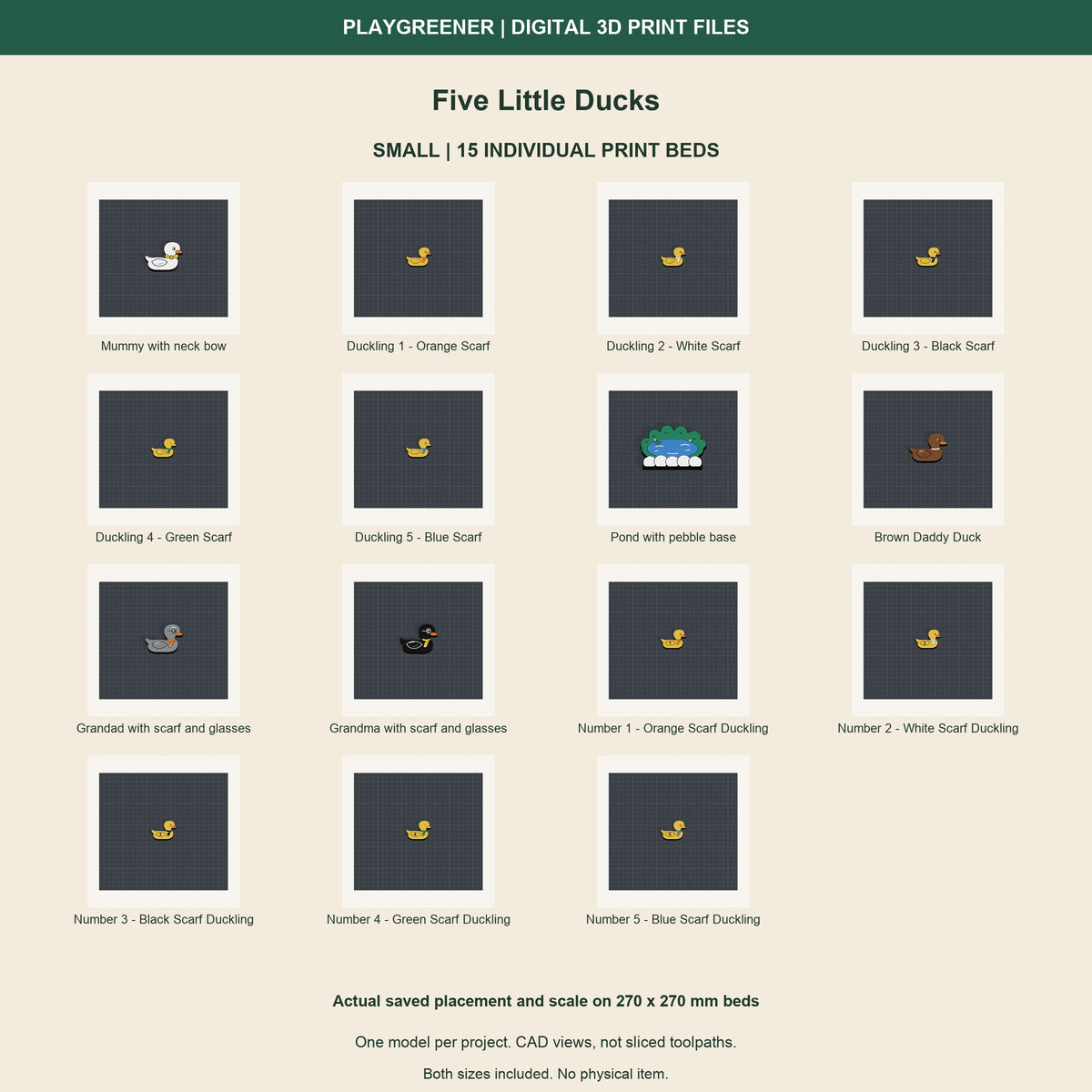 All 15 Small Five Little Ducks models on separate 270 x 270mm print beds at actual saved scale and placement, including five numbered wing ducklings. CAD views, not sliced toolpaths. Both sizes included.