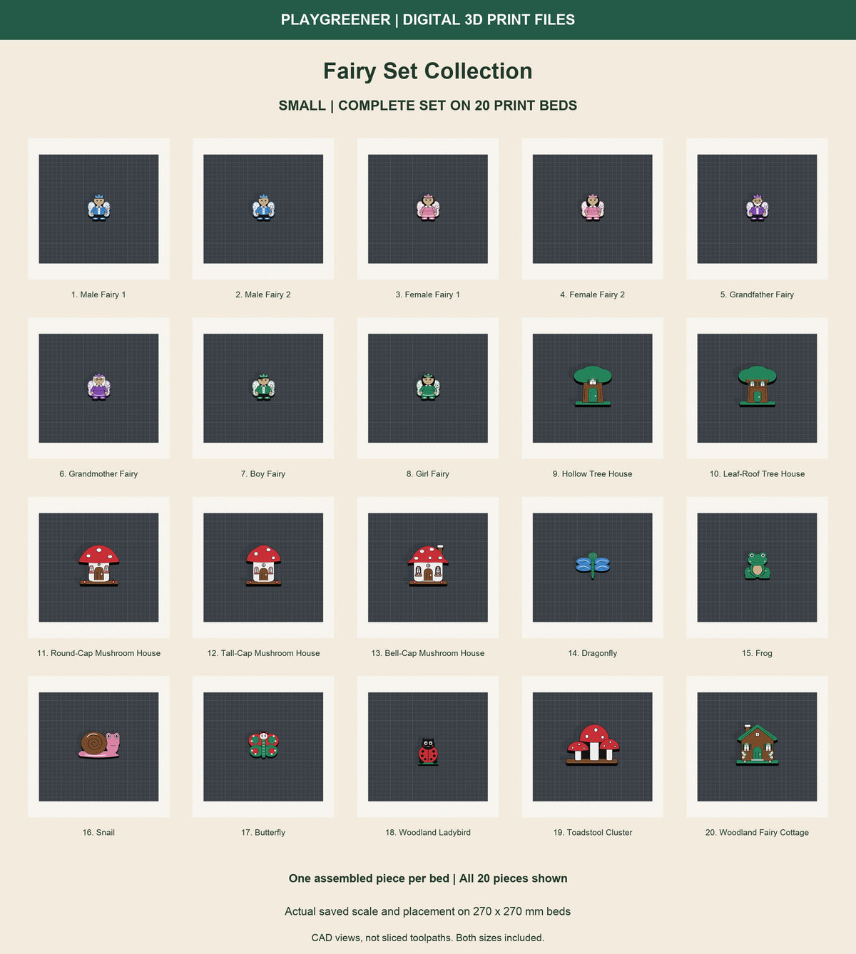 Actual Small Fairy Set Collection layout on 20 separate 270x270mm print beds, one assembled piece per bed. Fairies and creatures 65mm, buildings and toadstool cluster 97.5mm. Both sizes included in separate downloads. Digital files only.