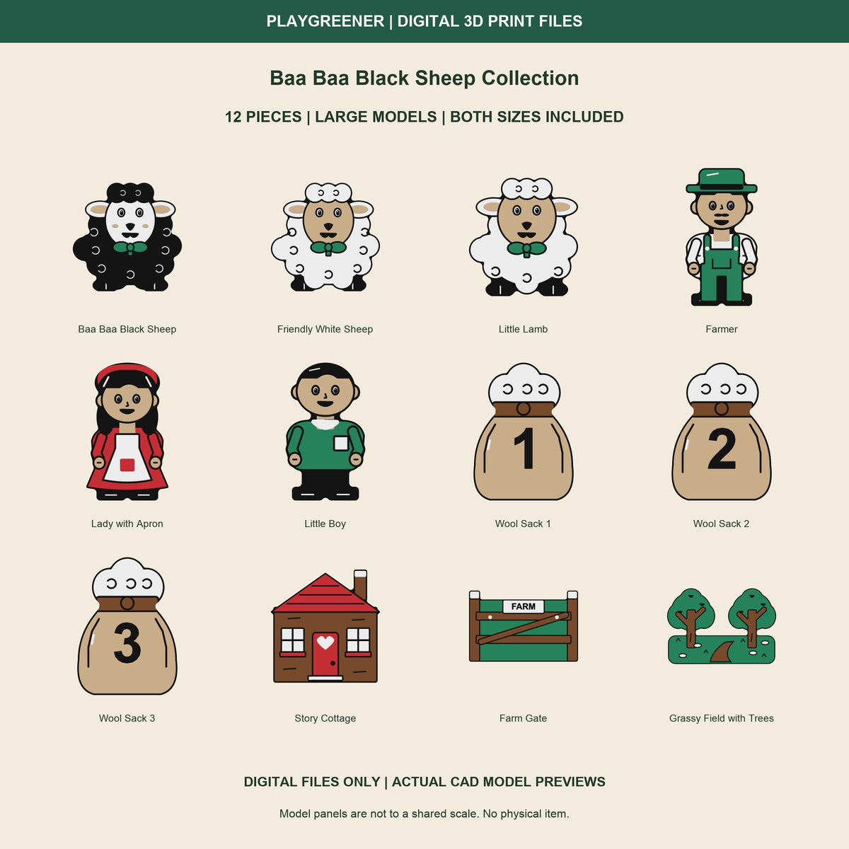 Baa Baa Black Sheep Collection Large actual CAD preview: black sheep with White face, white sheep, lamb, farmer, lady, boy, wool sacks numbered 1-3, cottage, farm gate and grassy field. Both sizes included. Digital files only.