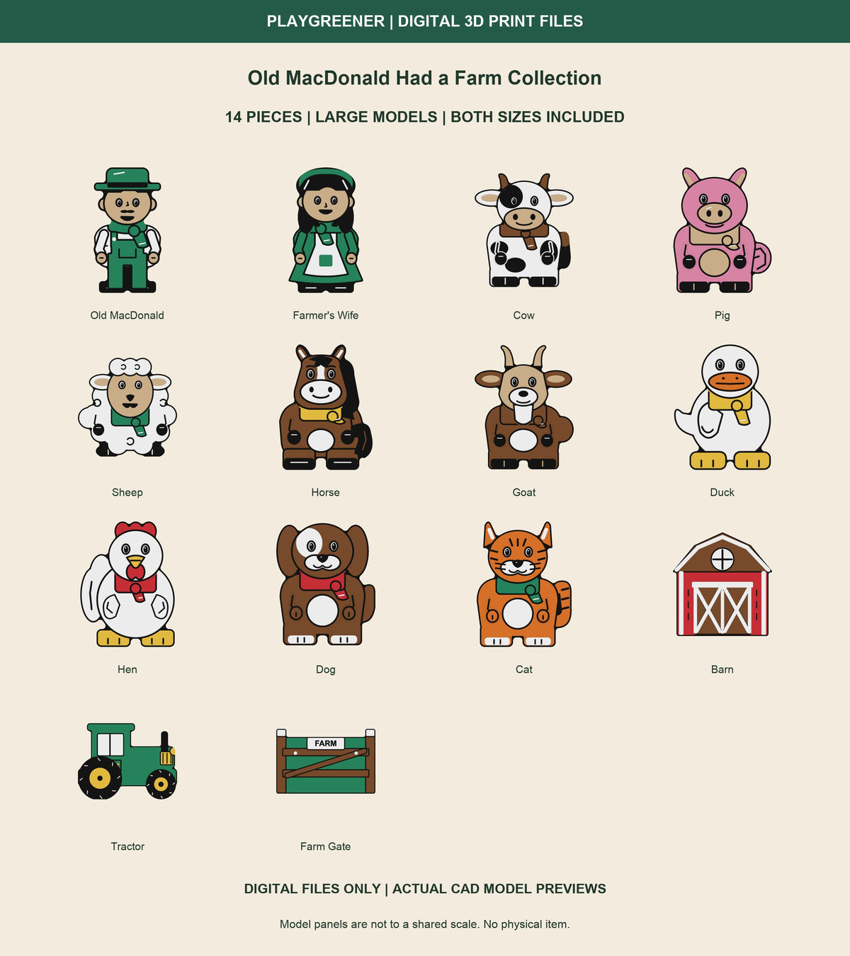 Old MacDonald Had a Farm Collection: all 14 Large actual CAD models. Two farmers, nine farm animals with matching scarves, barn, tractor and gate. Both sizes included. Digital files only.