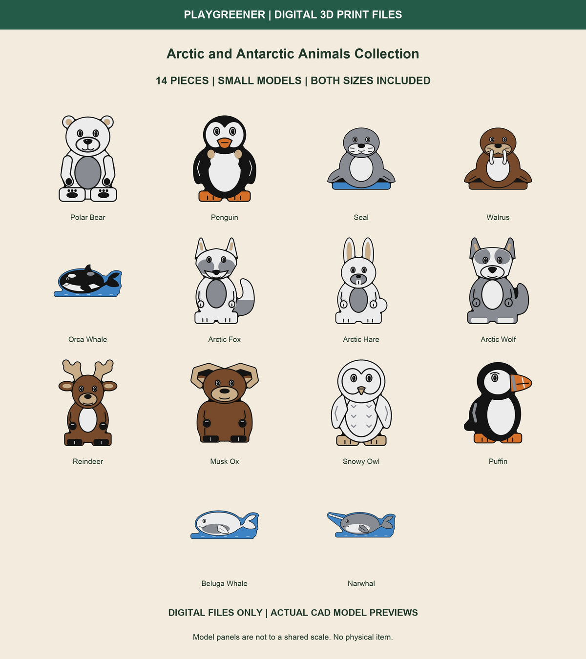 All 14 Small Arctic and Antarctic animal CAD models, 65mm high including attached bases. Rounded puffin bill, thicker reindeer antlers and extra water around the three whales. Both sizes included. No physical item.