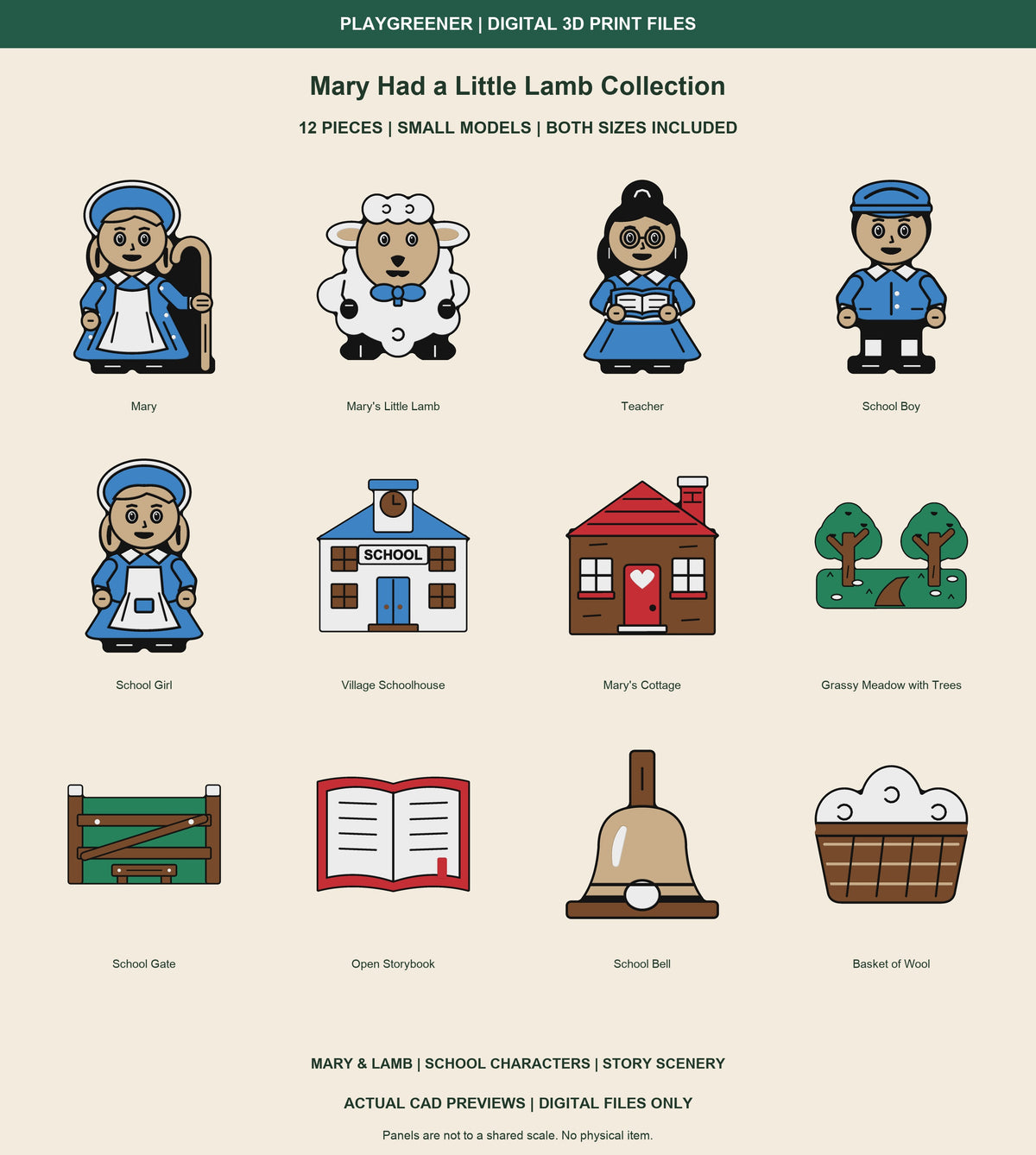 All 12 Small Mary Had a Little Lamb CAD models, with five figures 65mm high and scenery/props 97.5mm. Matching blue storybook outfits, blue lamb bow, blue school and gate with wooden step and no white sign plaque. Both sizes included; no physical item.