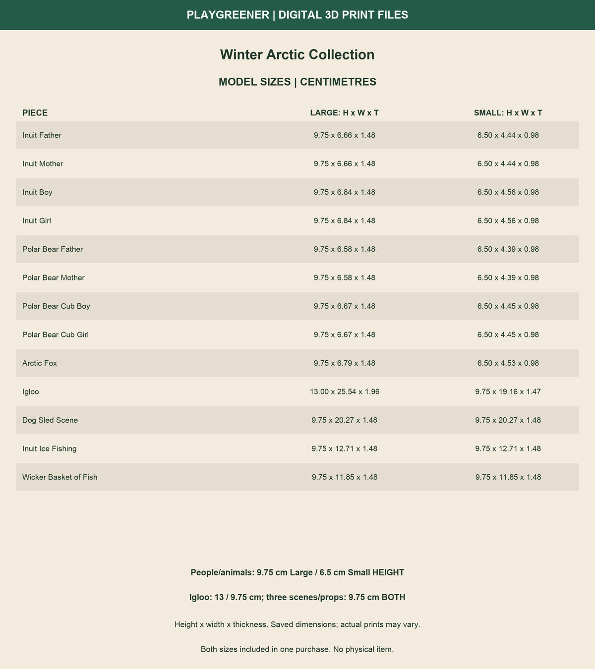 Measured dimensions for all 13 Winter Arctic models, Large and Small, height x width x thickness in centimetres. People and animals 97.5/65mm; igloo 130/97.5mm; three scenes and props 97.5mm in both sizes.