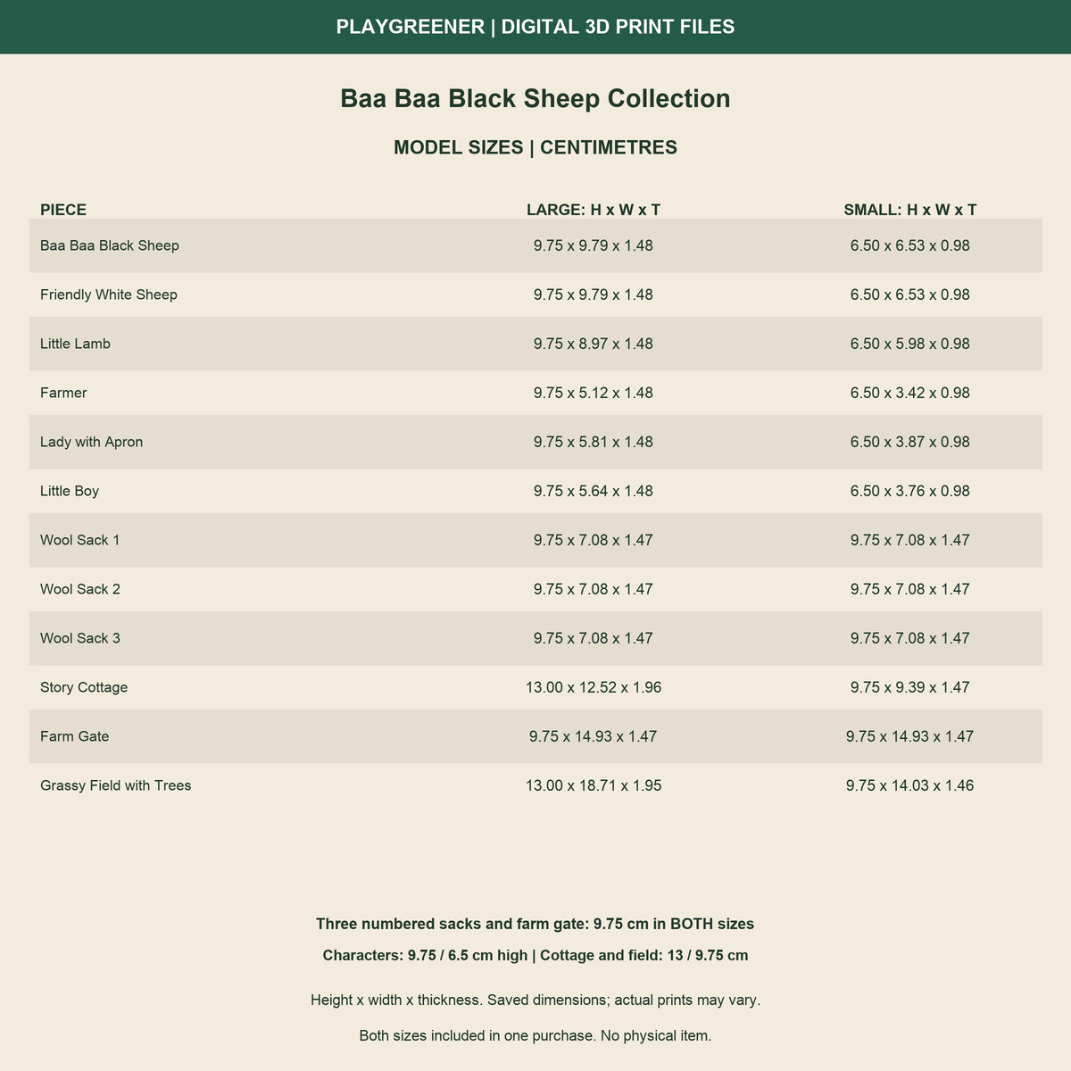 Measured size guide for 12 Baa Baa Black Sheep Collection pieces, Large and Small. Height x width x thickness in centimetres. Cottage and field130mm Large/97.5mm Small; characters97.5/65mm; sacks and gate97.5mm both.