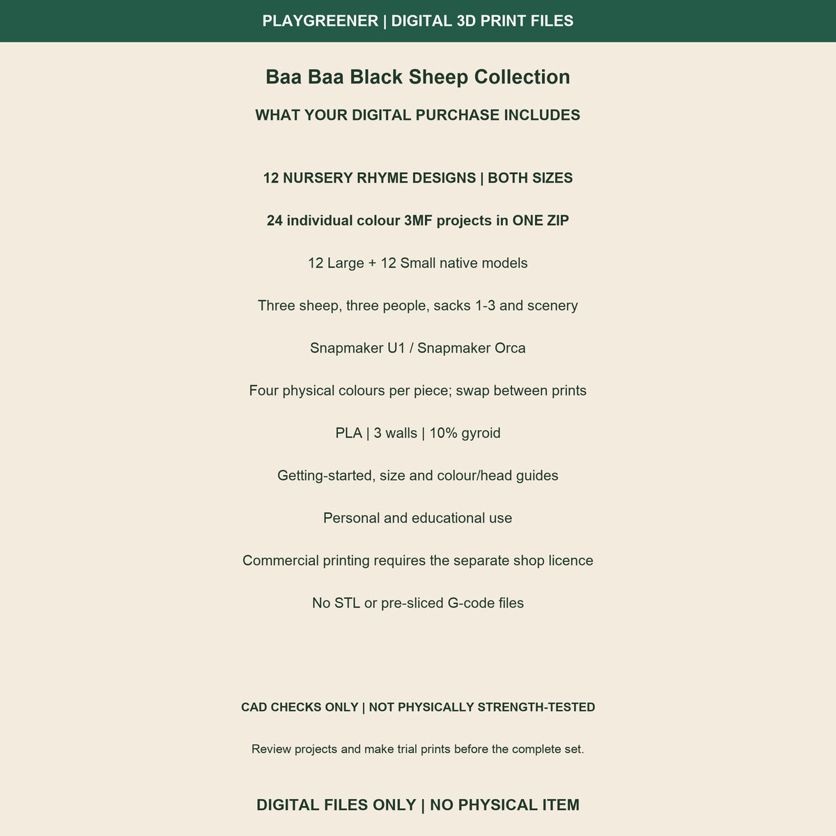 Baa Baa Black Sheep Collection digital contents:24 individual native U1 colour3MF projects in one ZIP,12 Large and12 Small, instructions, dimensions, colour guide and use terms. Four physical colours per model. Not physically print-tested.
