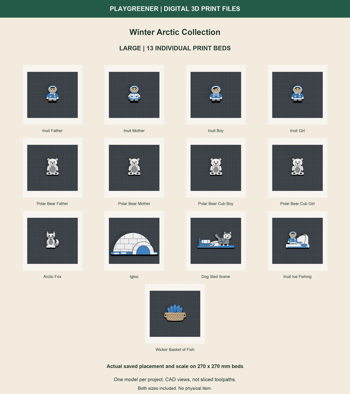 All 13 Large Winter Arctic designs on separate 270x270mm print beds at actual saved scale and placement. CAD views, not sliced toolpaths. Both sizes included.