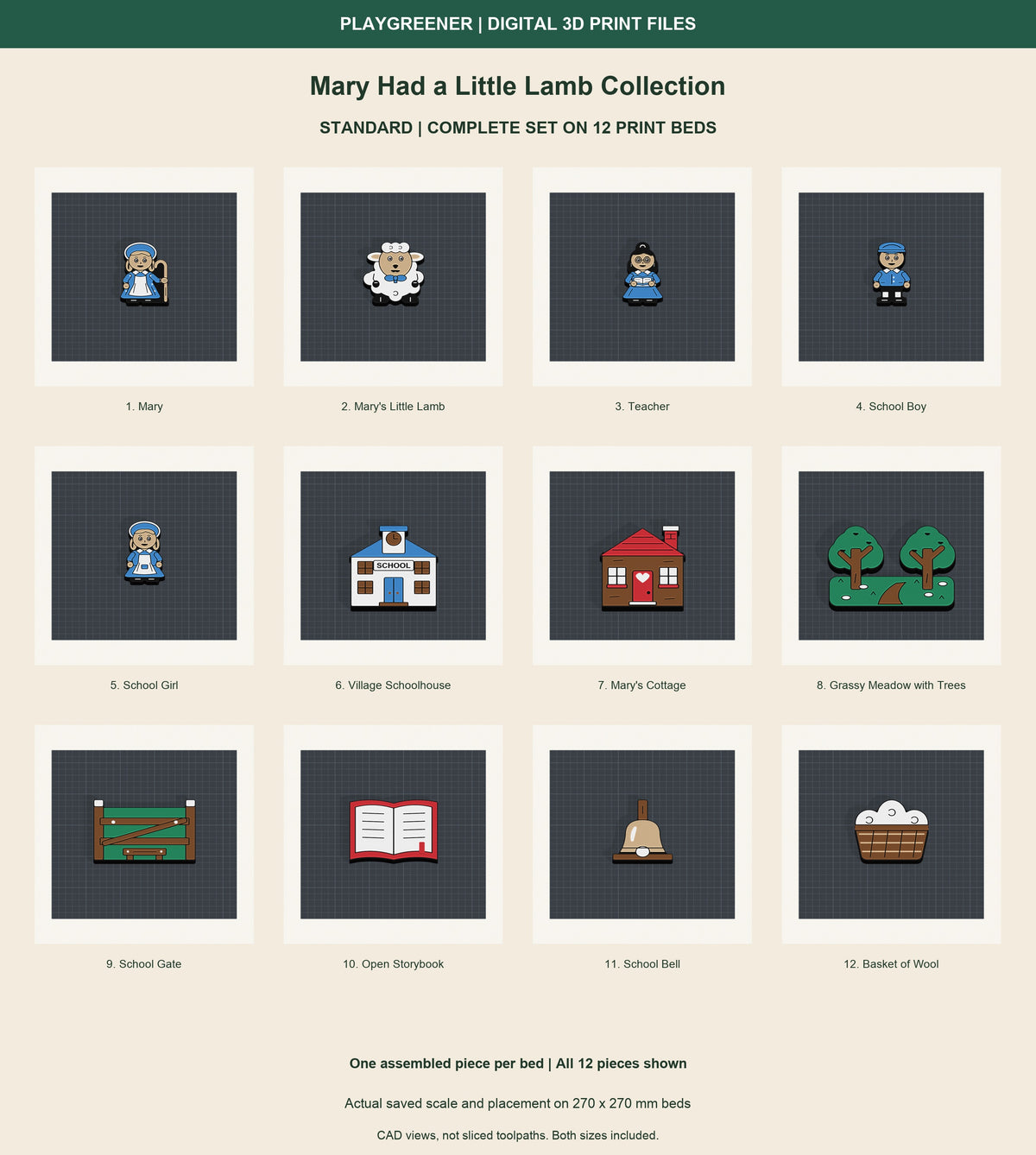 Actual Standard Mary Had a Little Lamb Collection on12separate270x270mm print beds:five figures,school,cottage,meadow,gate with wooden step,openbook,bell,wool basket. One assembled piece per bed; saved scale/placement,not sliced toolpaths.