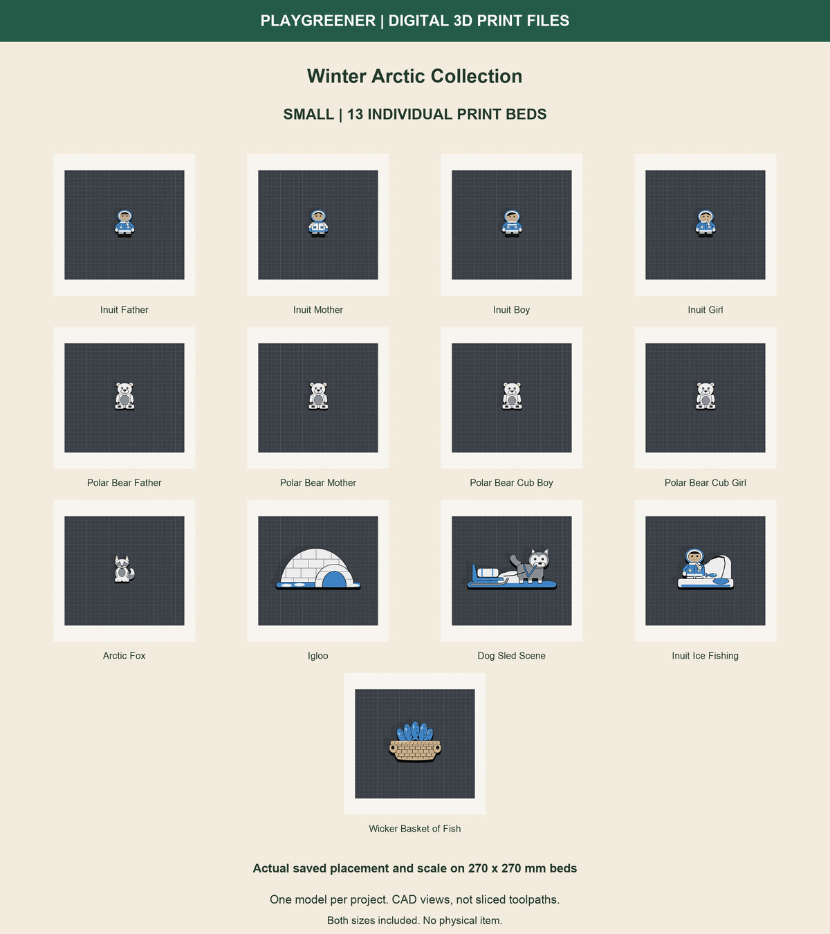 All 13 Small Winter Arctic designs on separate 270x270mm print beds at actual saved scale and placement. CAD views, not sliced toolpaths. Both sizes included.