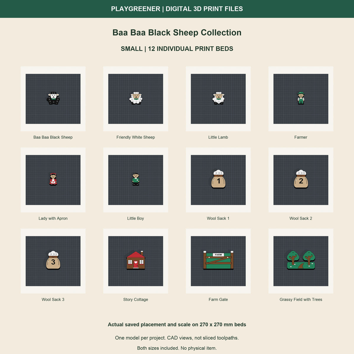 All12 Small Baa Baa Black Sheep Collection models on separate270x270mm print beds at actual saved scale and placement. Actual CAD geometry, not sliced toolpaths. Both sizes included.