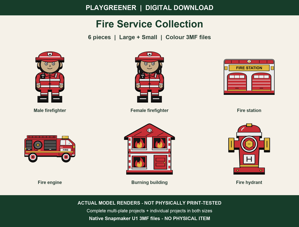 Fire Service Collection digital 3MF download: actual renders of all 6 pieces, Large and Small included; not physically print-tested; no physical item.