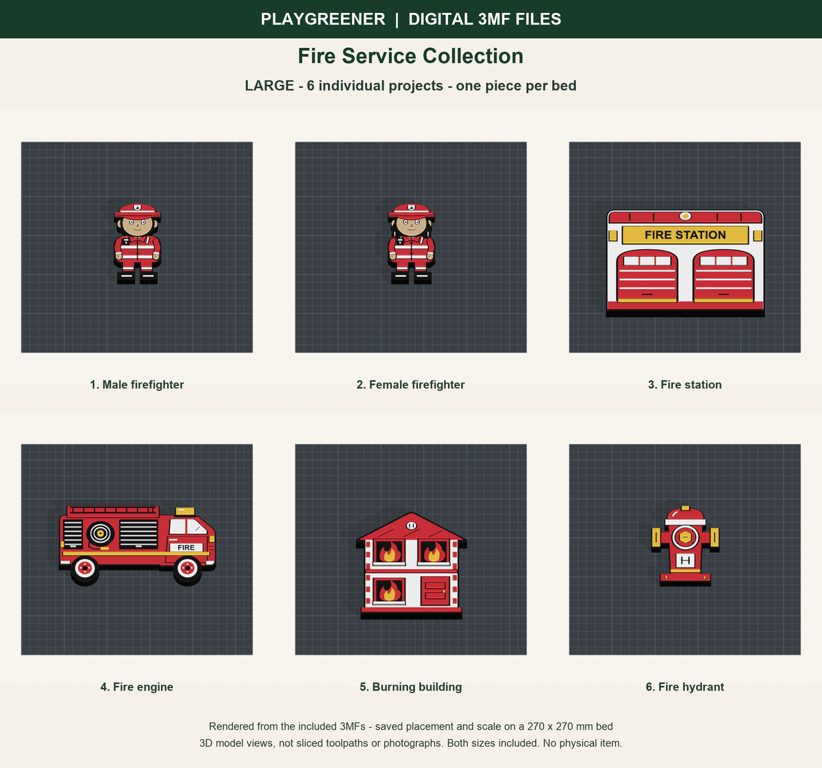 Fire Service Collection Large: actual individual 3MF models on saved 270mm print beds, not sliced toolpaths; no physical item.