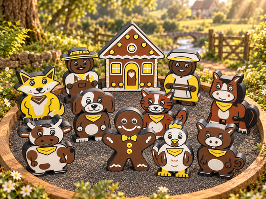 Gingerbread Man eleven-piece story set with farm characters, seven animals and gingerbread house in a countryside scene