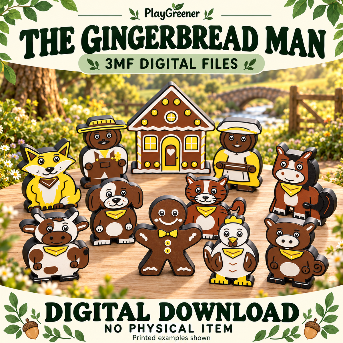 AI-generated Etsy mock-up for The Gingerbread Man colour 3MF story files, showing example printed pieces with prominent Digital Download and No Physical Item text.