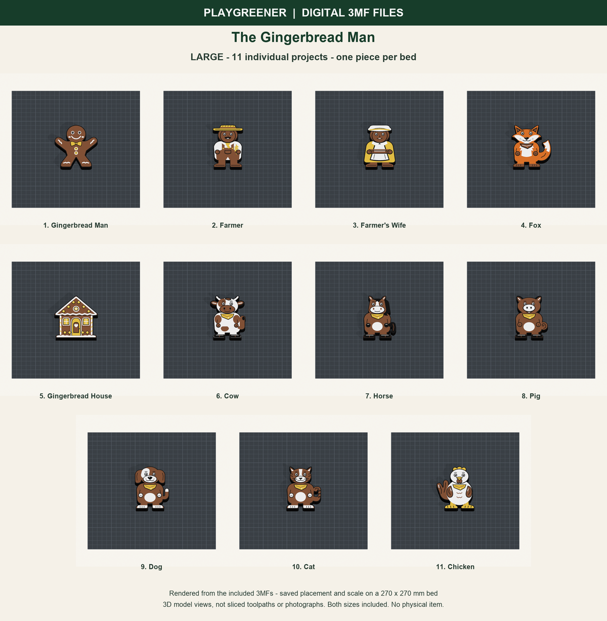 The Gingerbread Man Large digital 3MF files: all 11 included pieces shown on individual 270mm print beds at saved scale; actual model renders, no physical item.