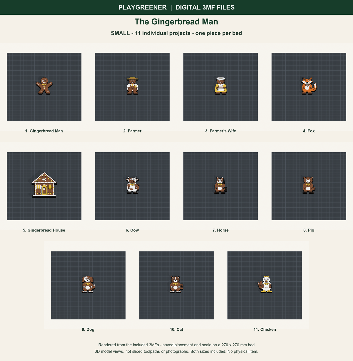 The Gingerbread Man Small digital 3MF files: all 11 included pieces shown on individual 270mm print beds at saved scale; actual model renders, no physical item.
