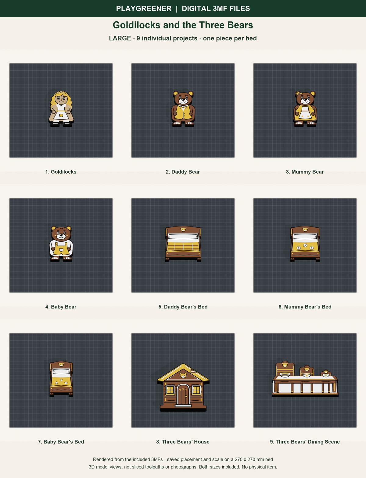 Goldilocks and the Three Bears Large digital 3MF files: all 9 included pieces shown on individual 270mm print beds at saved scale; actual model renders, no physical item.